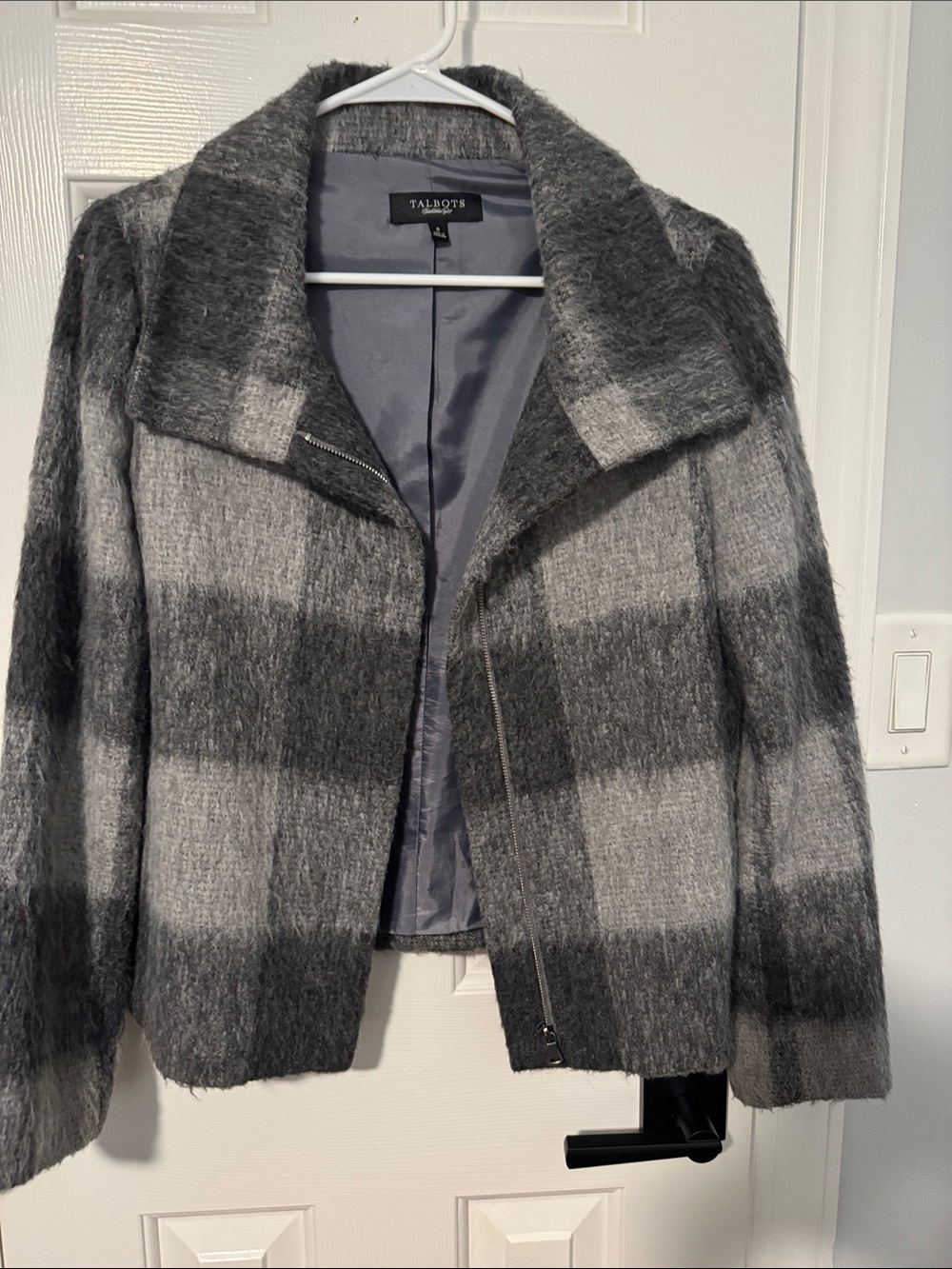 Talbots Gray Plaid Wool-Blend Zip Jacket